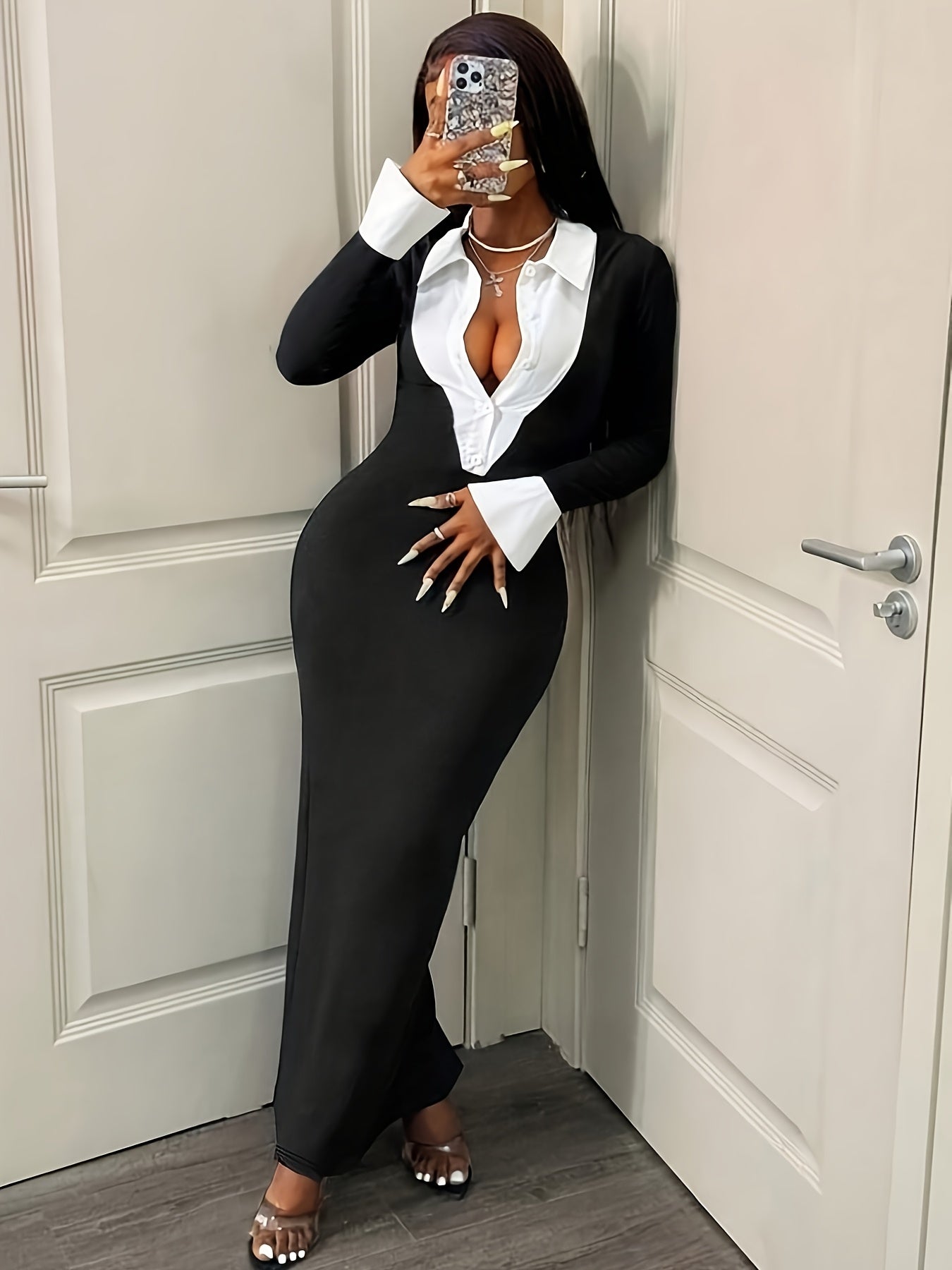 Timeless Grace V-Neck Contrast Midi Dress – Effortless Elegance from Day to Night