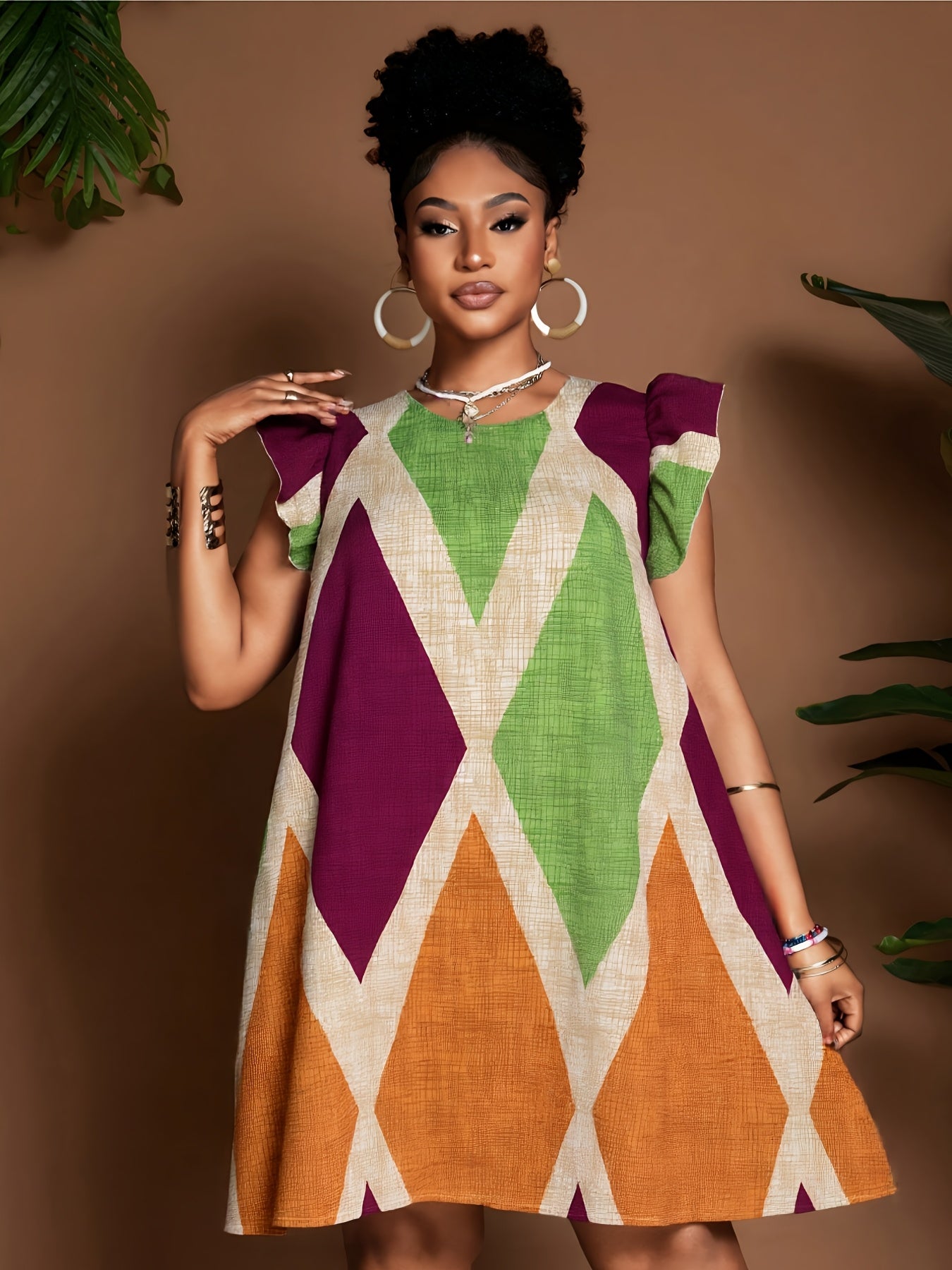 Geometric Ruffle Sleeve A-Line Mini Dress – Bold, Flowy & Flirty