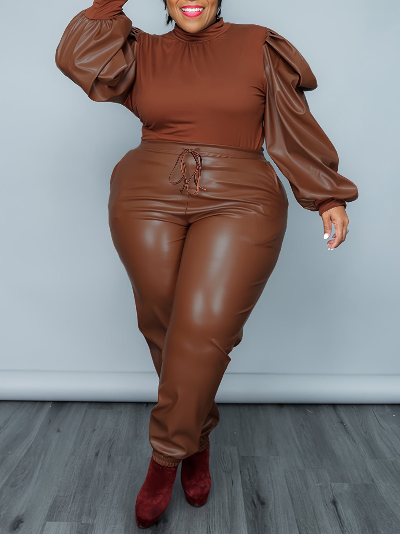 Faux Leather Knit Top & Drawstring Pants Set – Chic Two-Piece Co-ord Outfit