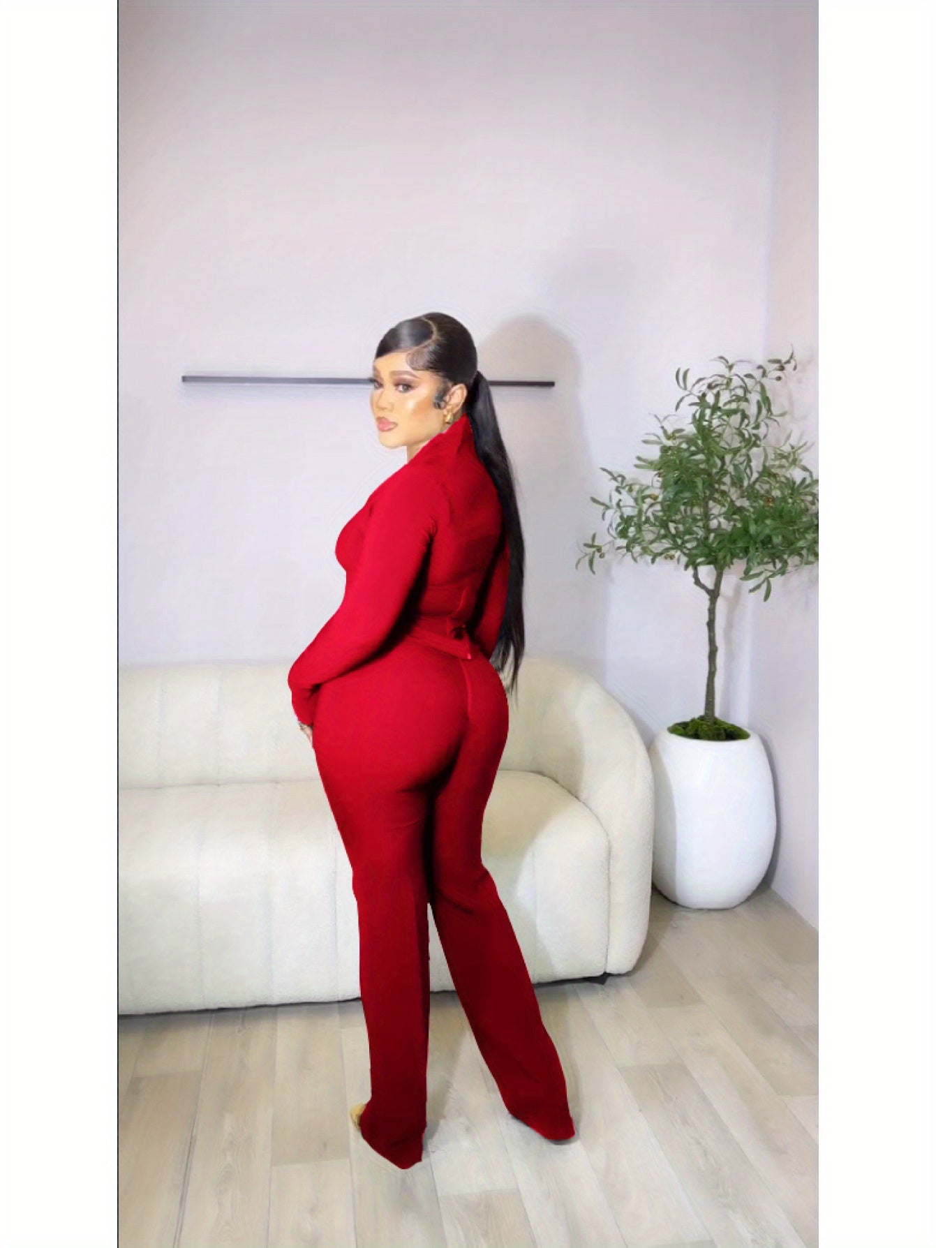 Squared Neck Button Detail Split-Front Top with Flare Pants – Chic Two-Piece Outfit