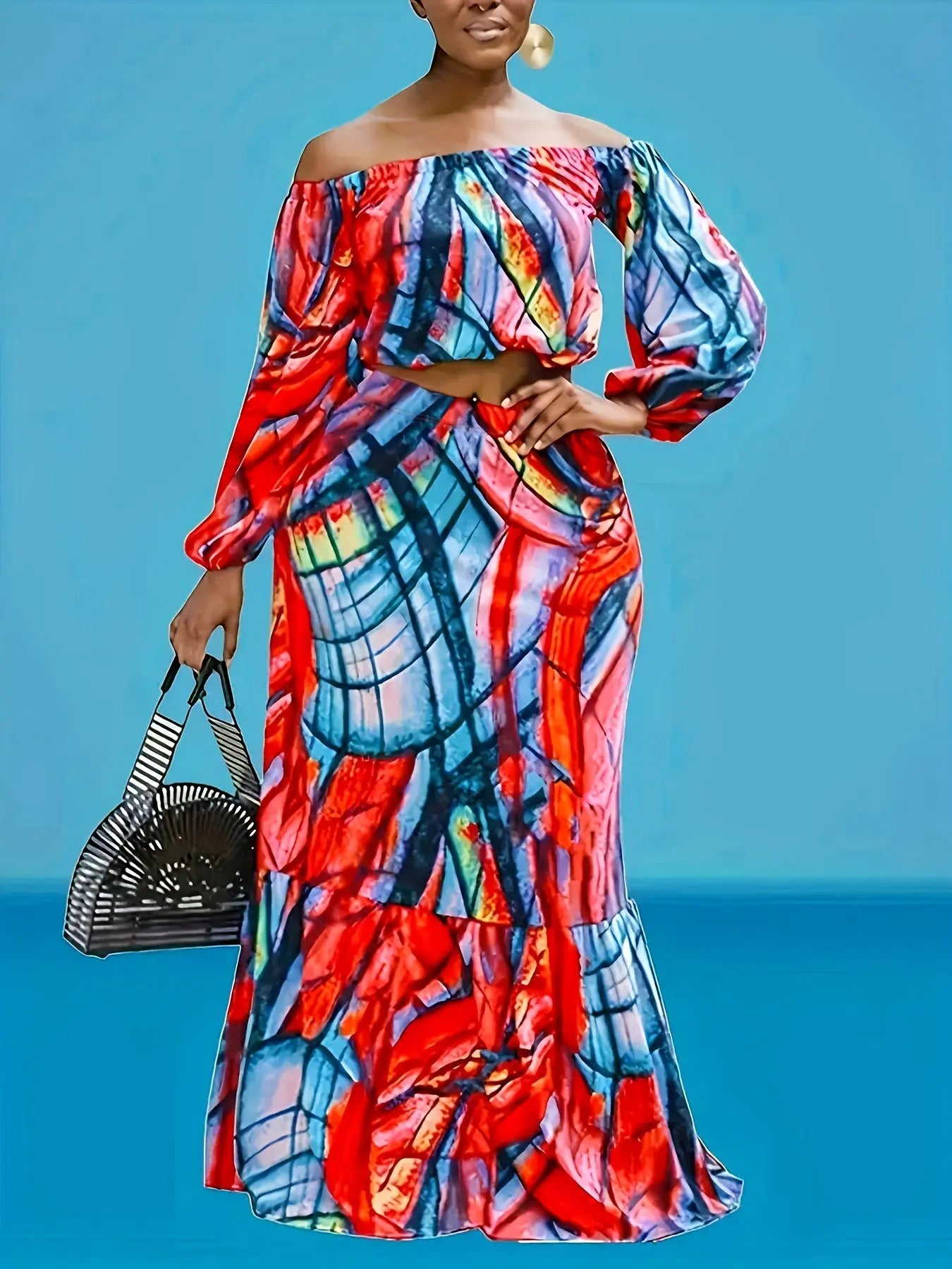 Bright Floral One-Shoulder Top and Fish Tail Skirt Set Toshe Women's Fashions