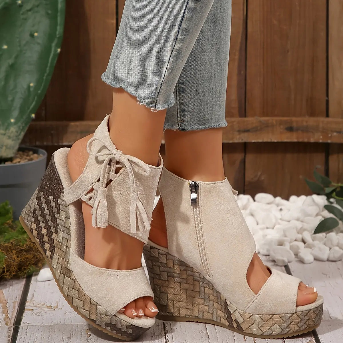 Beige Wedge Ankle Strap Platform Sandals Toshe Women's Fashions