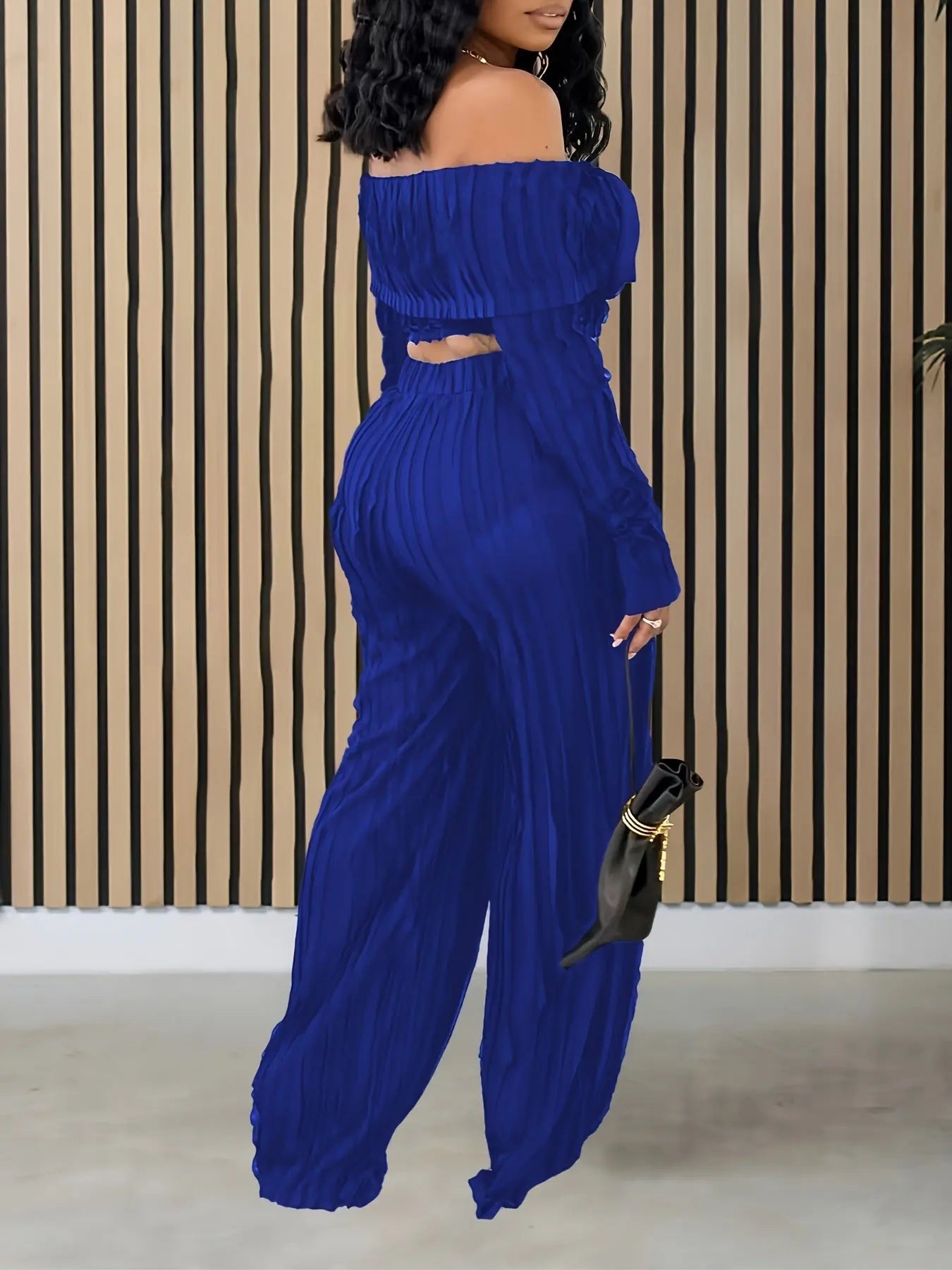 Wave Folded Collar Buttoned Crop Top and Wide Leg Pant Set Toshe Women's Fashions