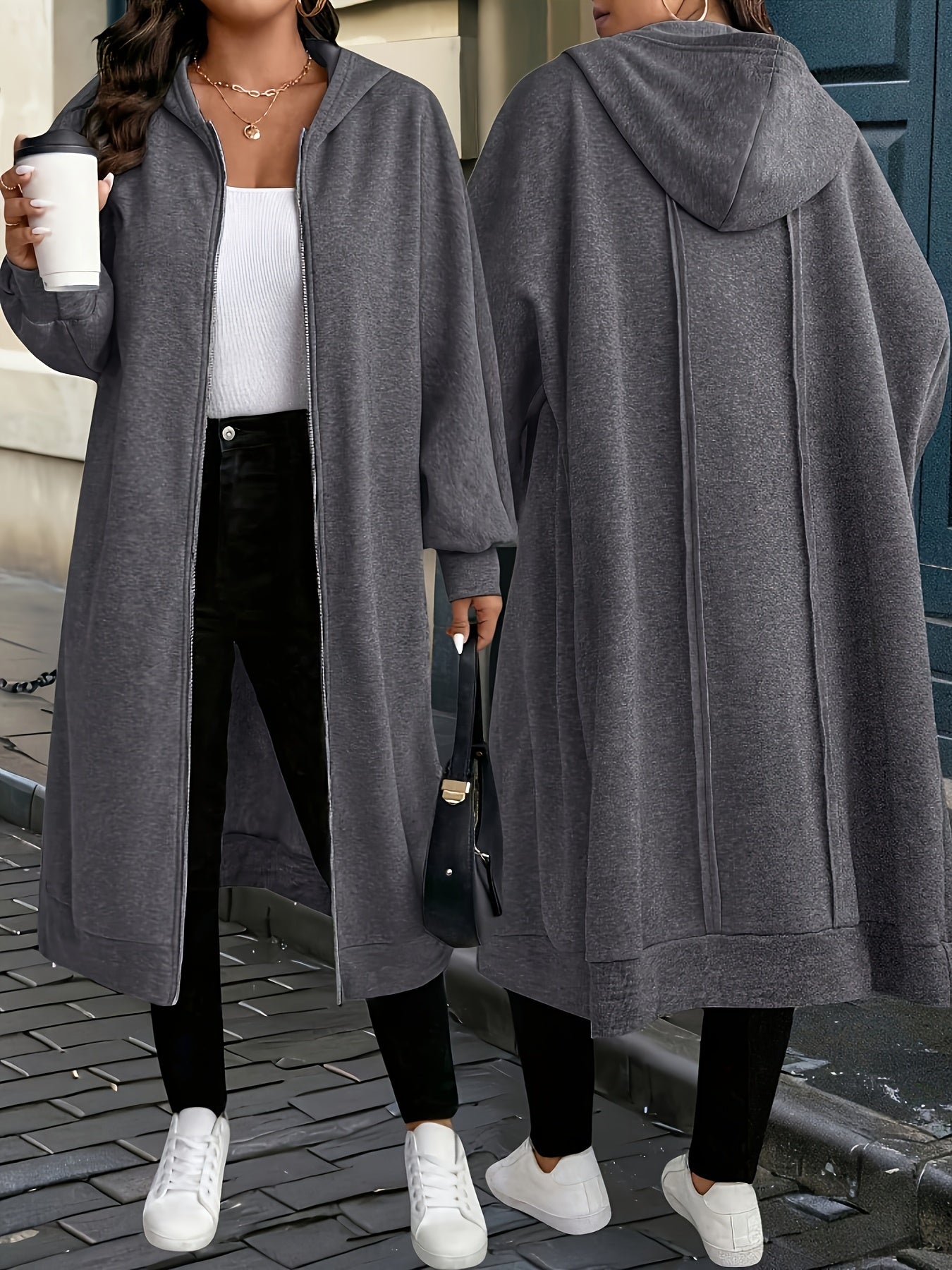 Hooded Zipper Front Long Overcoat