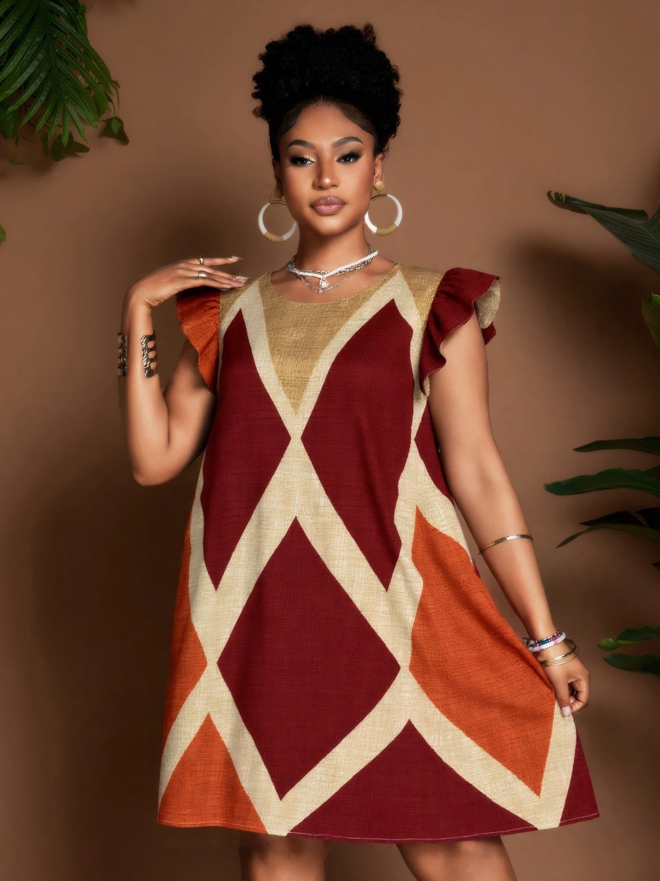Geometric Ruffle Sleeve A-Line Mini Dress – Bold, Flowy & Flirty