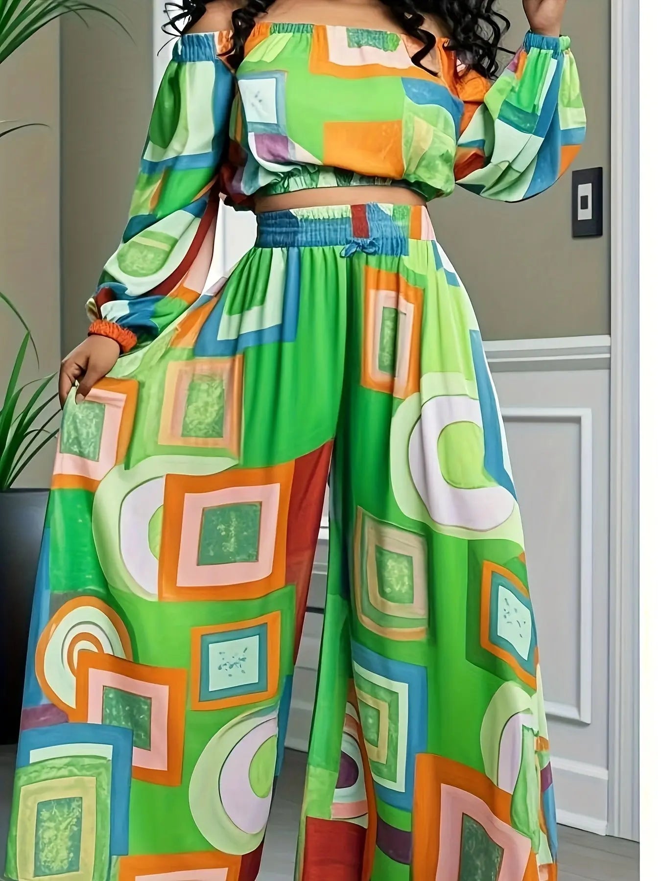 Colorblock Boho Crop Top and Wide Leg Suit Toshe Women's Fashions