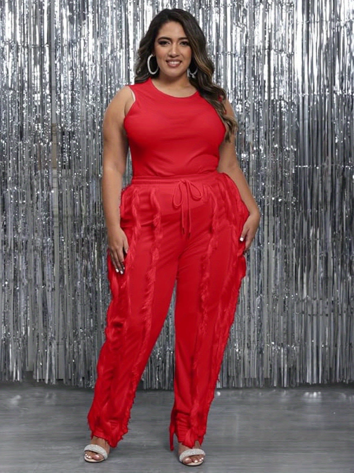 Sleeveless Tank Top with Drawstring Fringe Pant Set