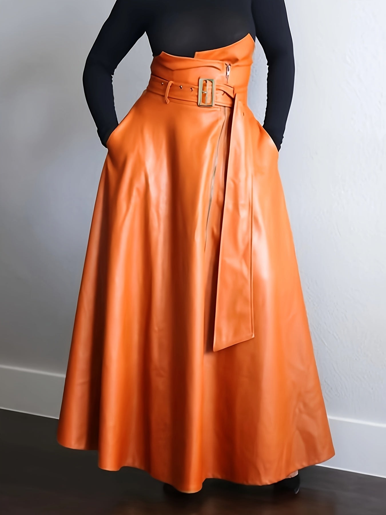 Vibrant High-Waisted Belted Faux Leather Skirt with Side Zipper Pockets