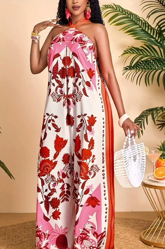 Floral Print Halter Open Shoulder Wide-Leg Jumpsuit Toshe Women's Fashions