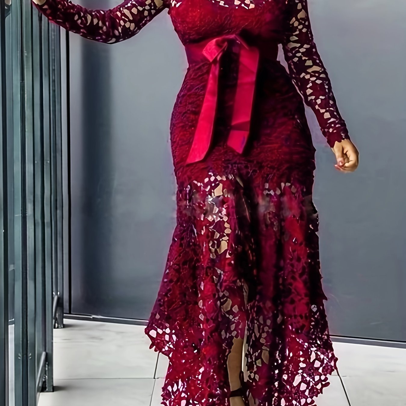 Lace Embroidered Belted Midi Dress – Asymmetrical Hem & Romantic Detailing
