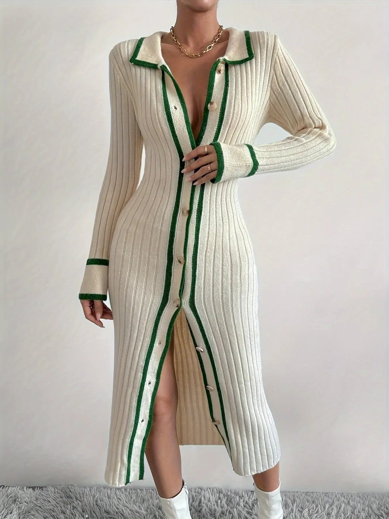 Stylish Contrast Trim Button Front Cardigan - Elegant Long Sleeve, Slim-Fit, Collar Detail, Versatile Dress Toshe Womens Fashion