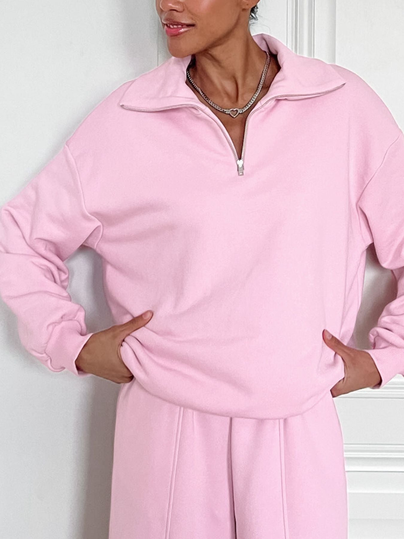 Trendsi quarter zip long sleeve top and matching pants set in neutral fabric, casual and comfortable for everyday wear.