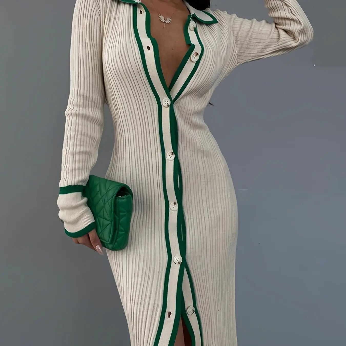 Stylish Contrast Trim Button Front Cardigan - Elegant Long Sleeve, Slim-Fit, Collar Detail, Versatile Dress Toshe Womens Fashion