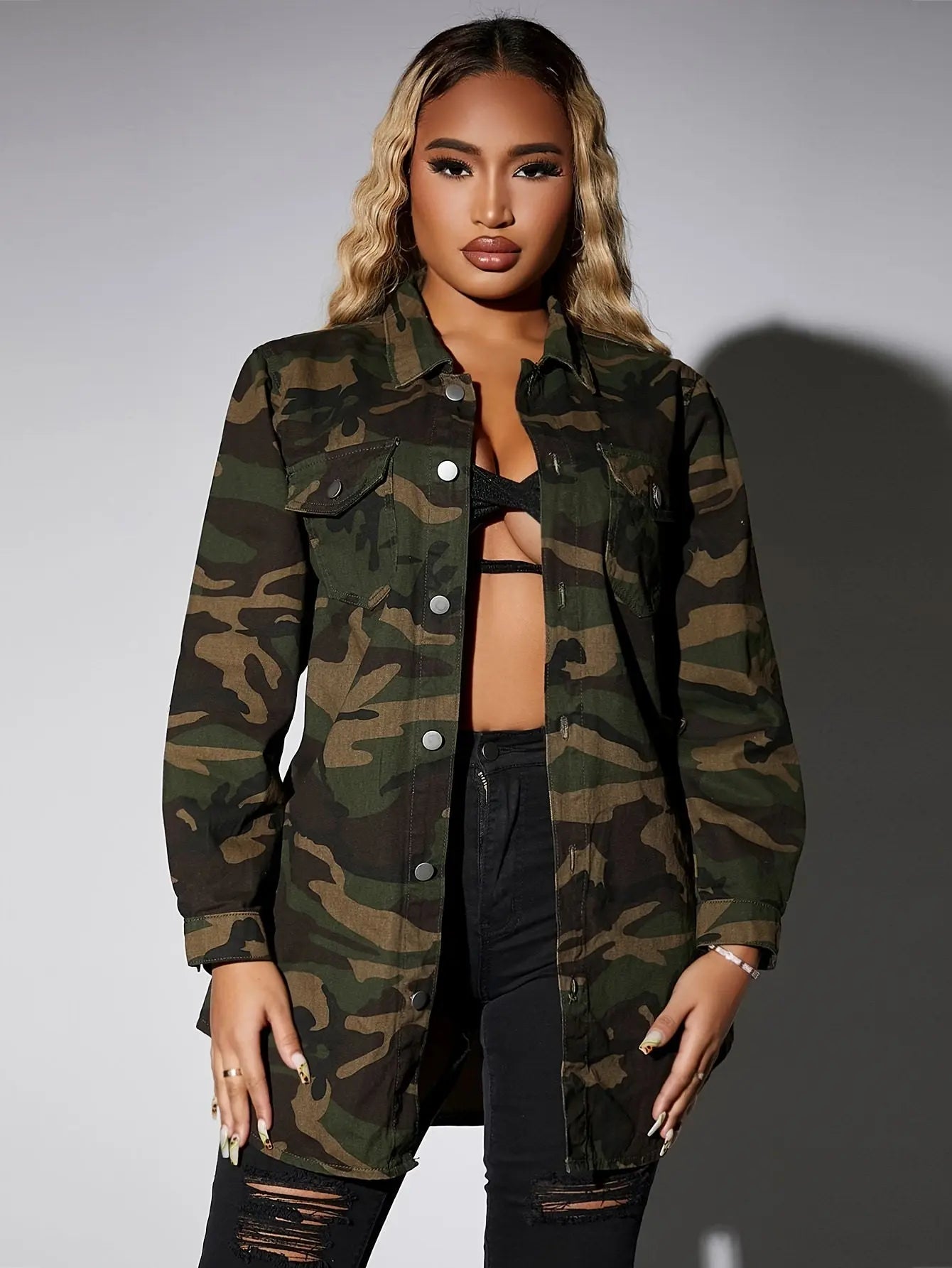 Plus Size Elegant Camo Coat for Women - Polyester 100%, Long Sleeve Lapel Collar, Midi Length with Button Details, Raglan Sleeves, Slight Stretch Fabric, Color Block, Oversized Fit, All-Season Woven Jacket Toshe Women's Fashions