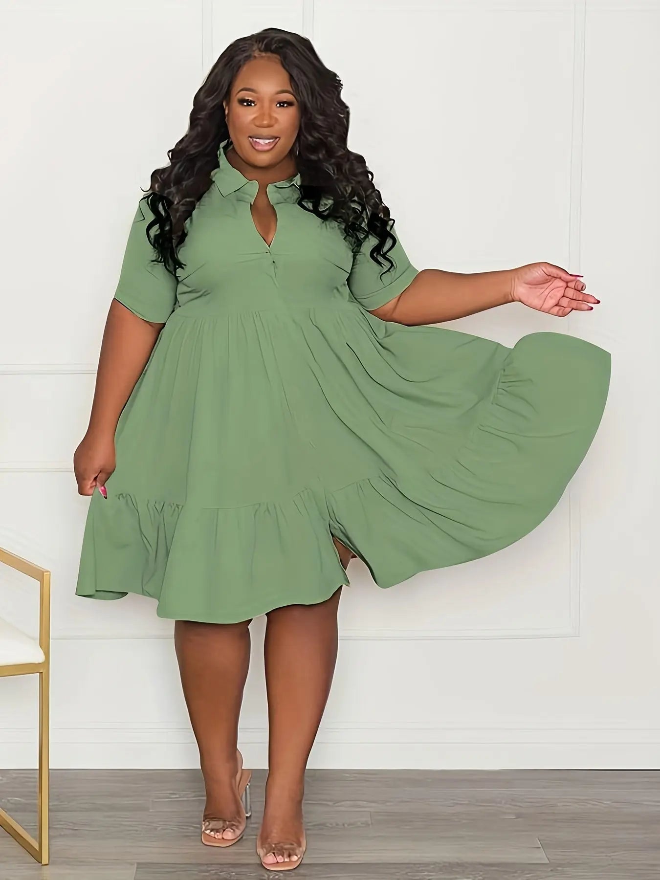 Ruffle Hem Tie Belt Shirt Dress Toshe Women's Fashions