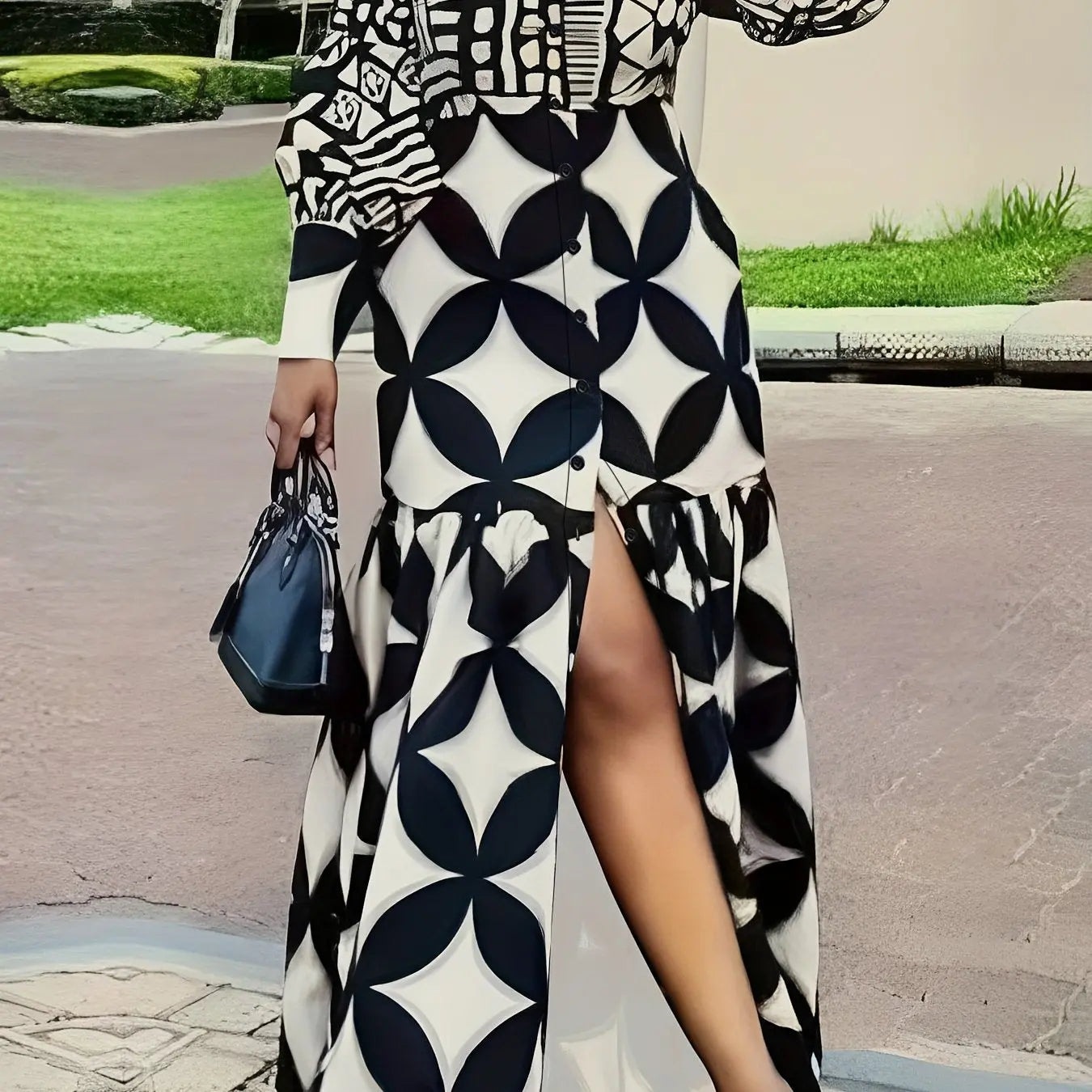 Long Sleeve Shirt Dress - Loose Fit, Geometric Print, Black & White Floral Design, Button-Up Collar Toshe Womens Fashions