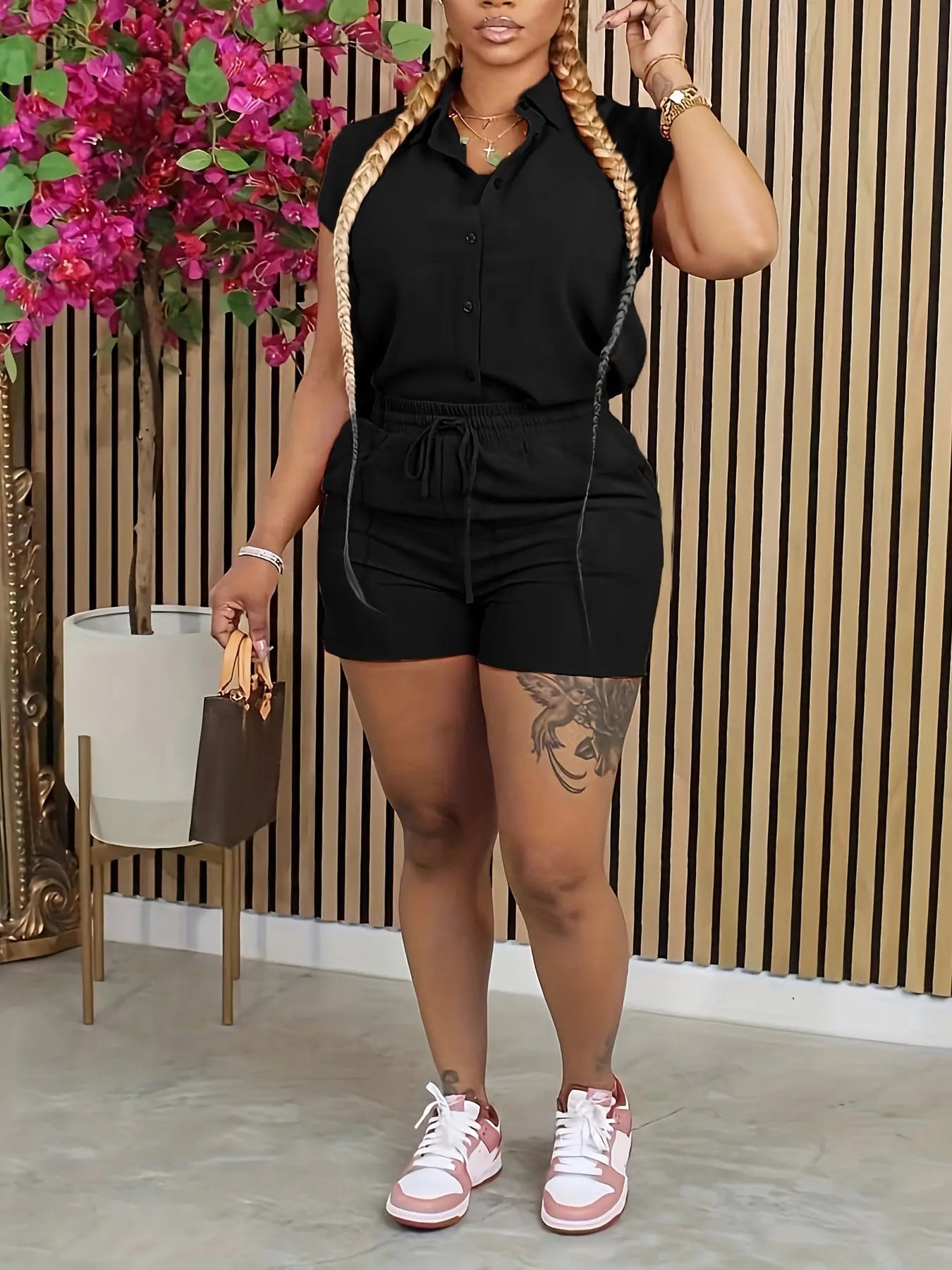 Casual Solid Color Two Pieces, Button Front Sleeveless Collared Top & Drawstring Shorts Toshe Womens Fashions