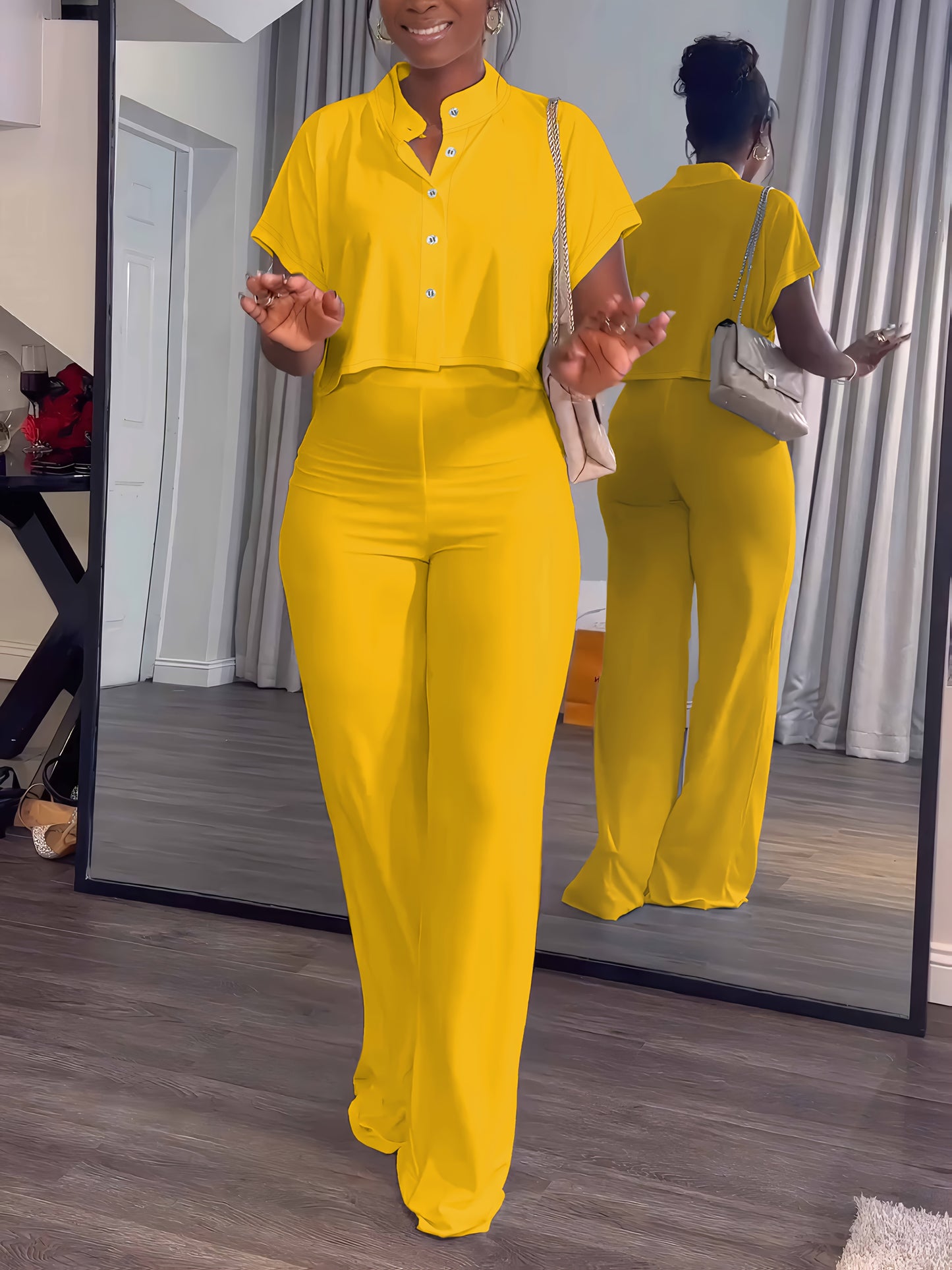 Collared Button Crop Top and Wide Leg Pant Set