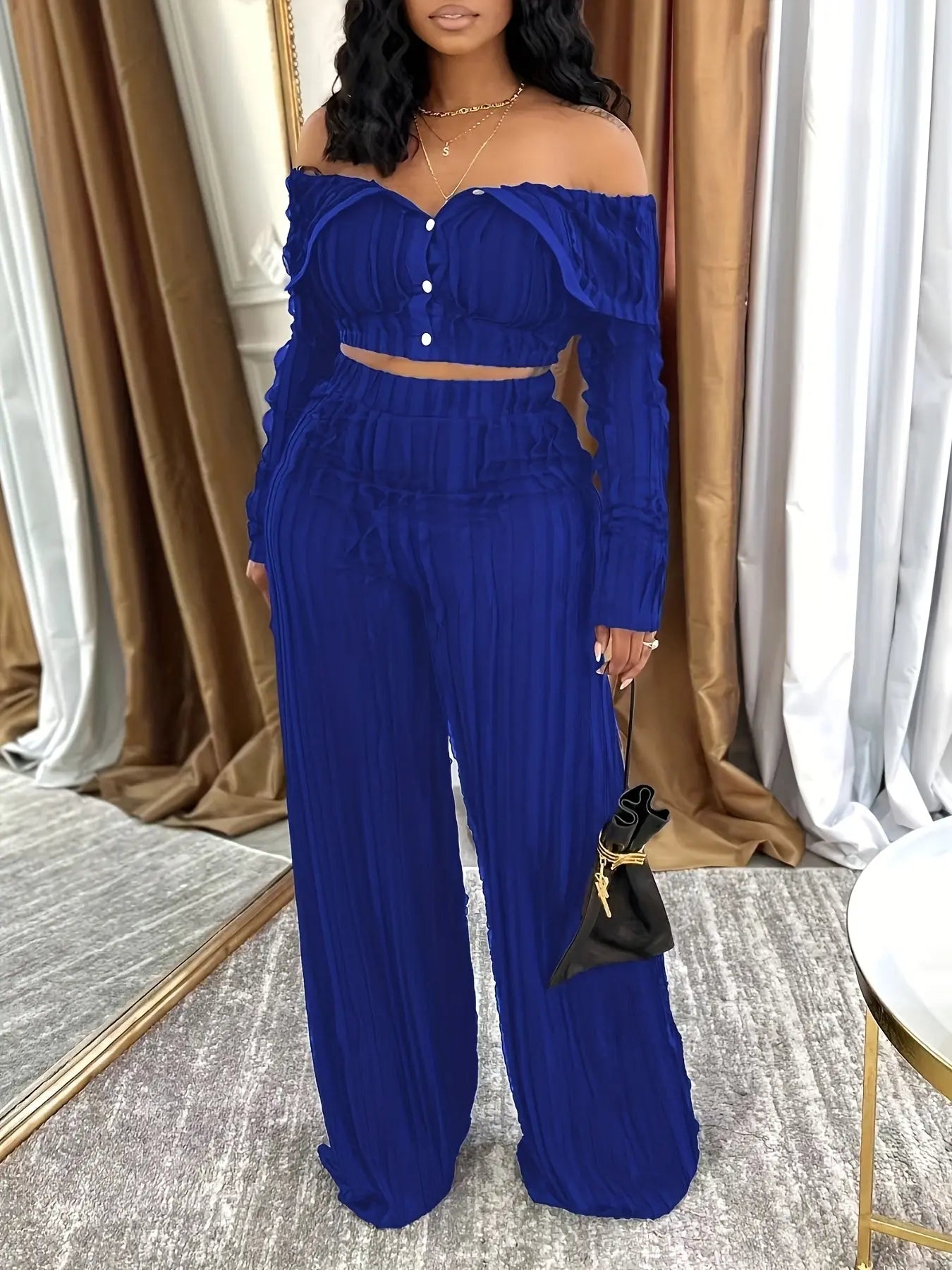 Wave Folded Collar Buttoned Crop Top and Wide Leg Pant Set Toshe Women's Fashions