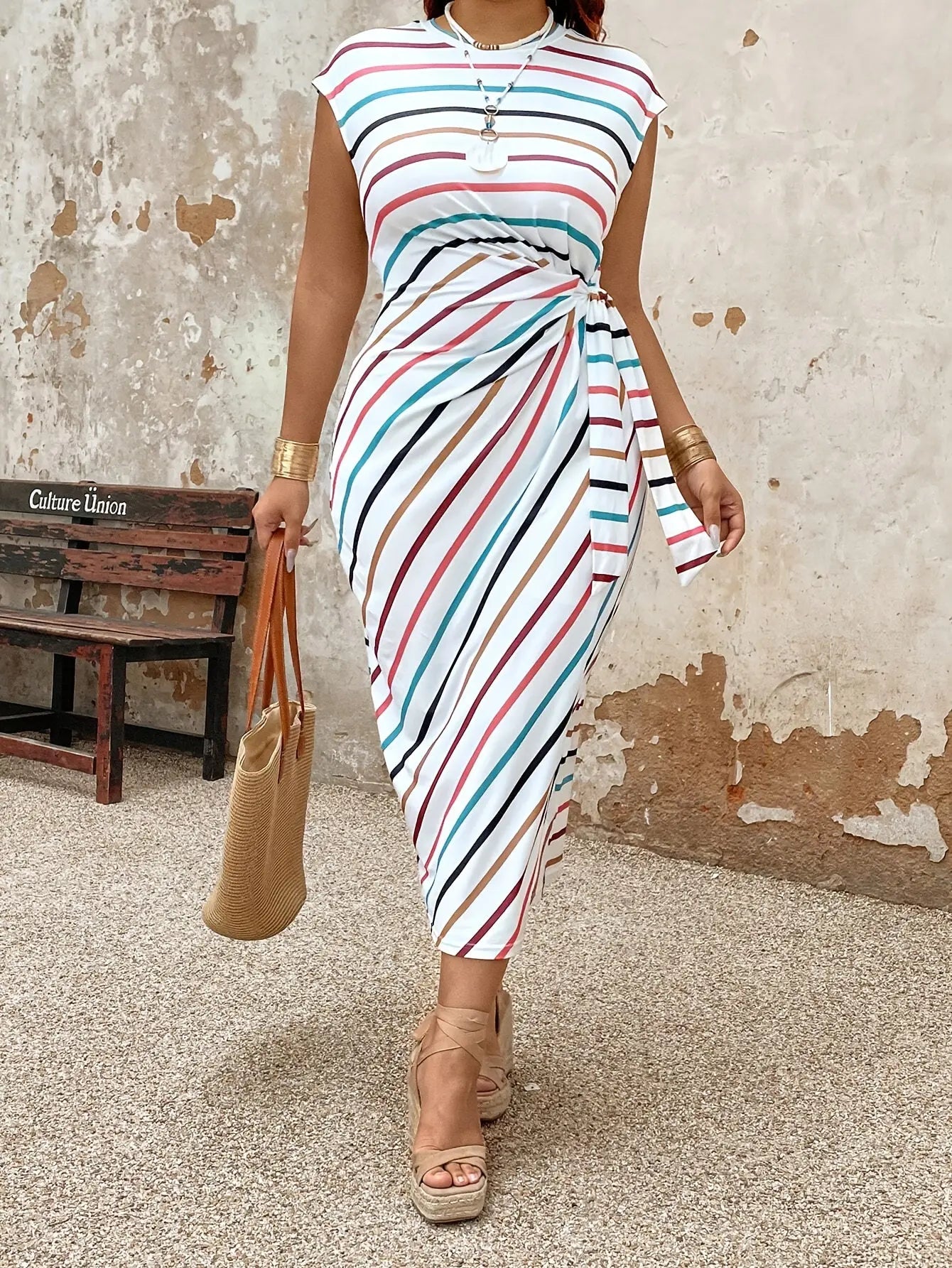 Striped Wrap Dress - Sleeveless, Short Sleeve, Round Neck, Polyester Blend, Midi Length, Toshe Womens Fashions