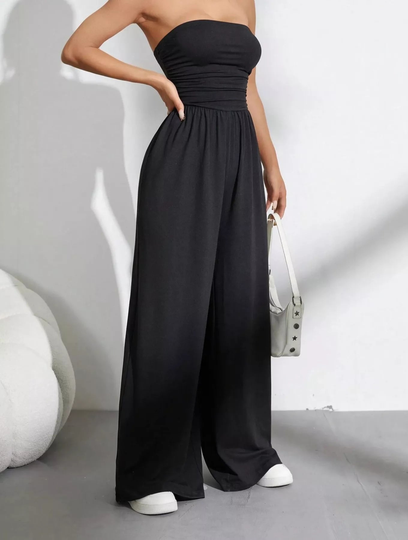 Trendsi effortless chic tube top wide-leg jumpsuit, featuring a fitted tube top and flowy wide-leg pants, stylish and comfortable.