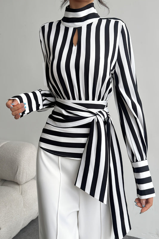Elegant High-Neck Stripe Blouse – Adjustable Waist Tie, Long Sleeves & Smooth Fabric