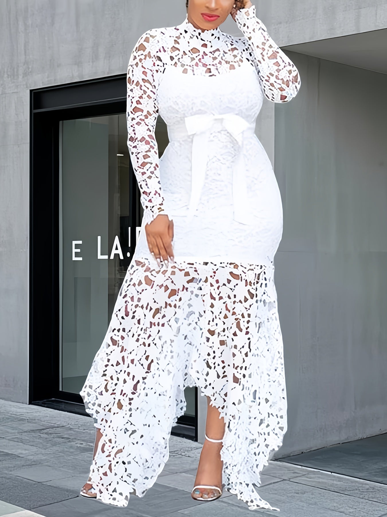 Lace Embroidered Belted Midi Dress – Asymmetrical Hem & Romantic Detailing