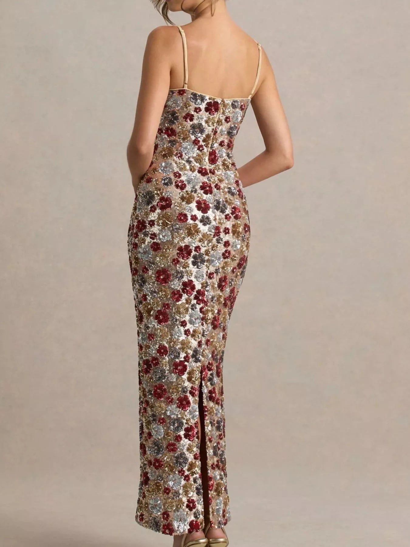 Slit floral sequin bodycon maxi dress in vibrant colors, perfect for after 5 occasions, with a fitted silhouette and elegant design.
