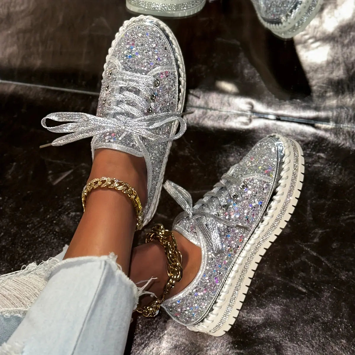 Rhinestone Glitter Low-Top Sneakers Toshe Women's Fashions