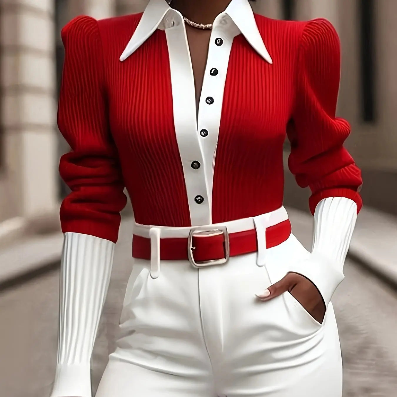 Red And White Color-Blocked Collared Knitted Shirt Toshe Women's Fashions