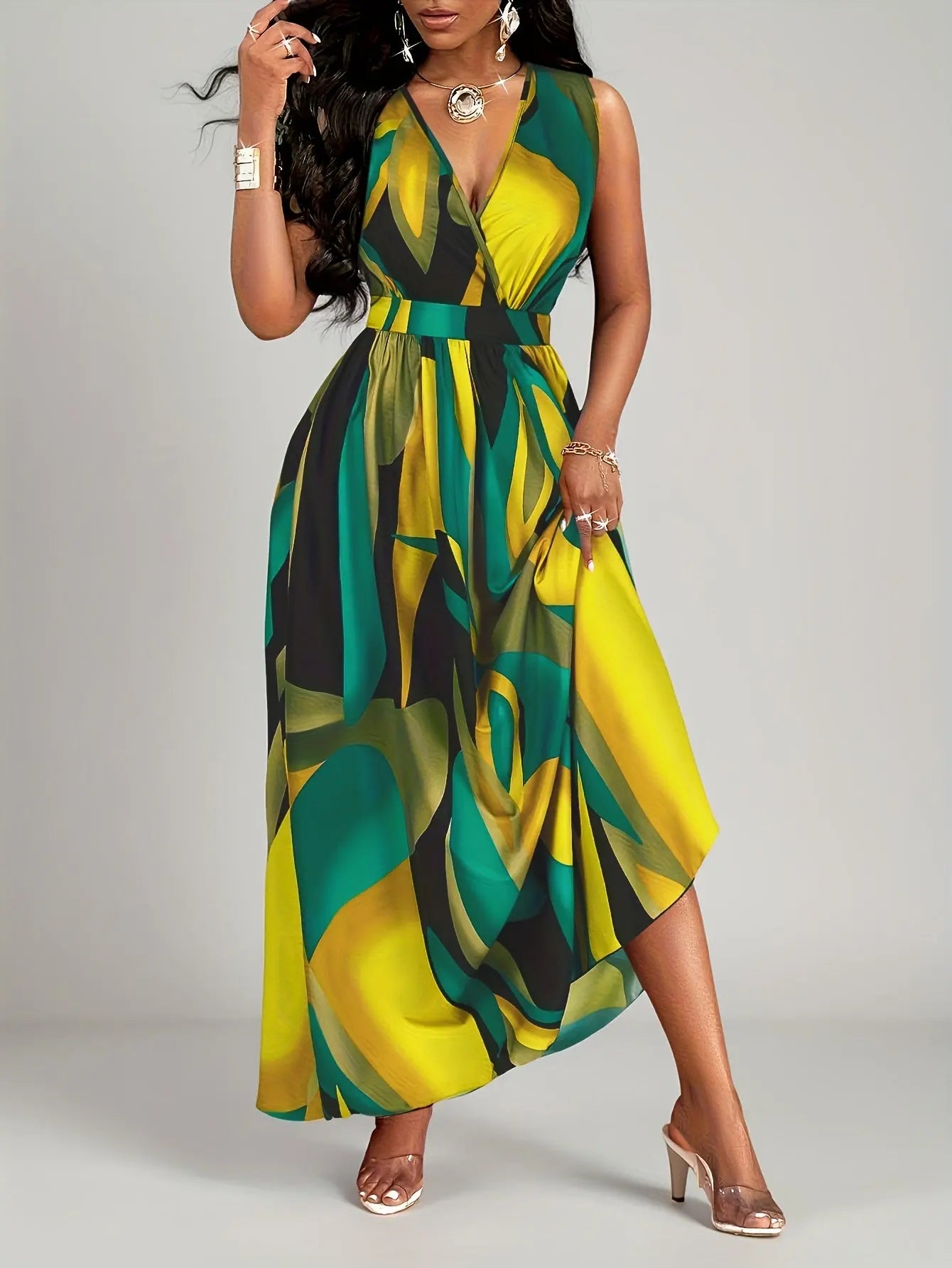 Green Tropical Print Flowing Maxi Dress Toshe Women's Fashions