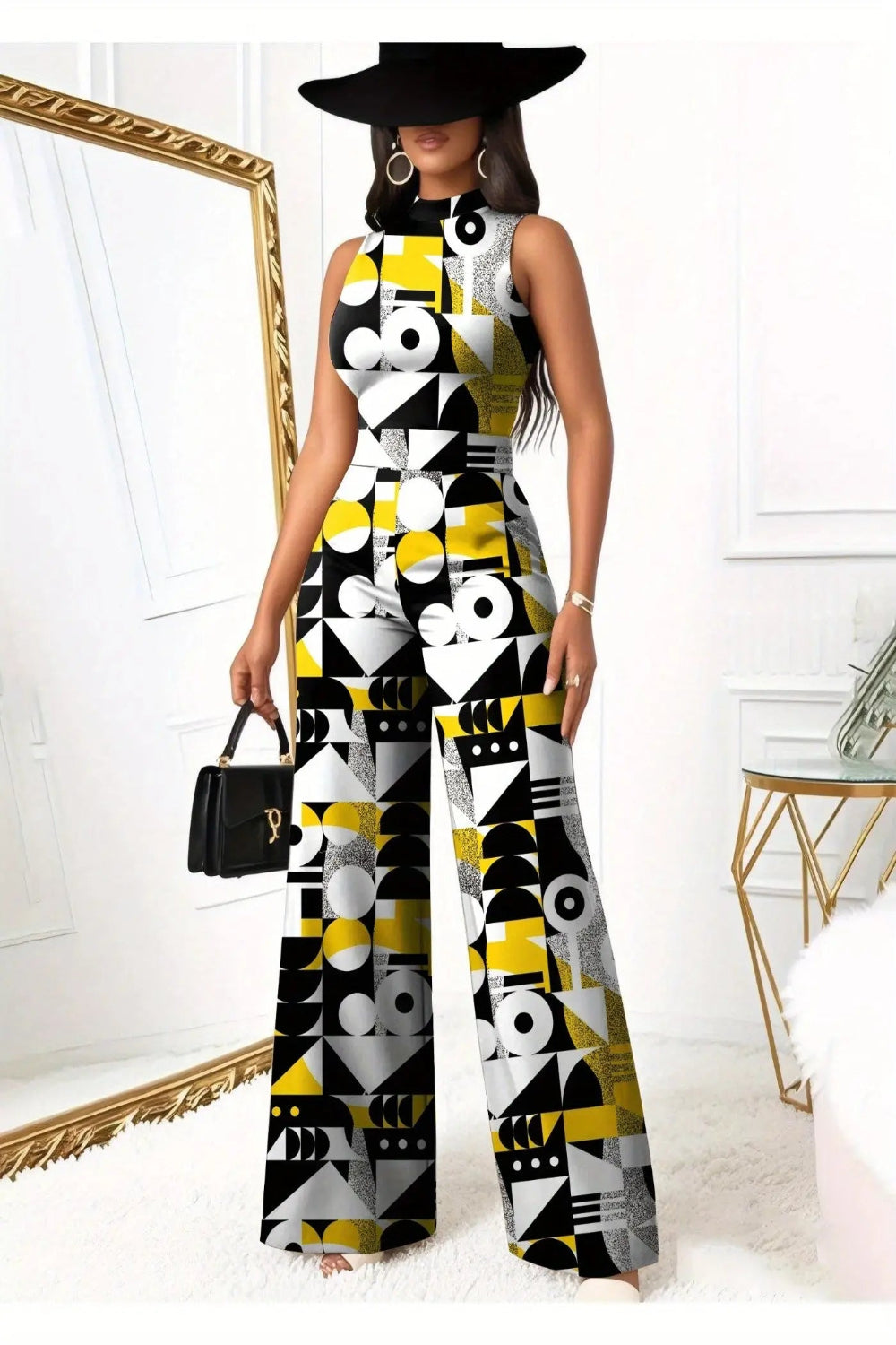 Yellow Bold Geometric Print Sleeveless Wide-Leg Jumpsuit Toshe Women's Fashions