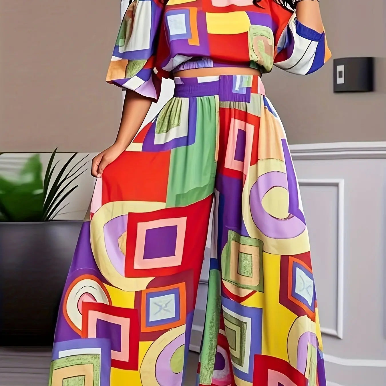 Colorblock Boho Crop Top and Wide Leg Suit Toshe Women's Fashions