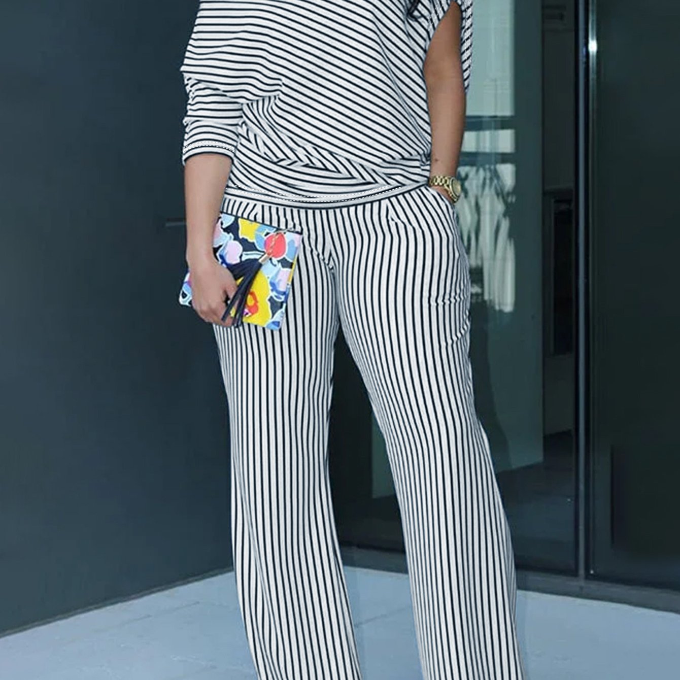 Striped Asymmetrical Neck Top & Matching Pants Set – Chic Two-Piece Outfit