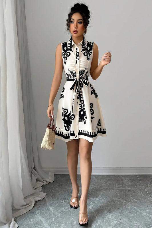 Women'S Vintage Print Sleeveless Dress with Button Front - Casual, Spring/Summer Style, Black Floral Pattern, Short Sleeve, Casual Attire|Vintage Print Dress|Short Sleeve Dress Toshe Women's Fashions