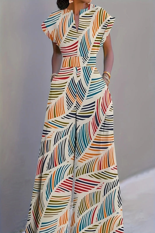 Vibrant Leaf Pattern Sleeveless Jumpsuit Toshe Women's Fashions
