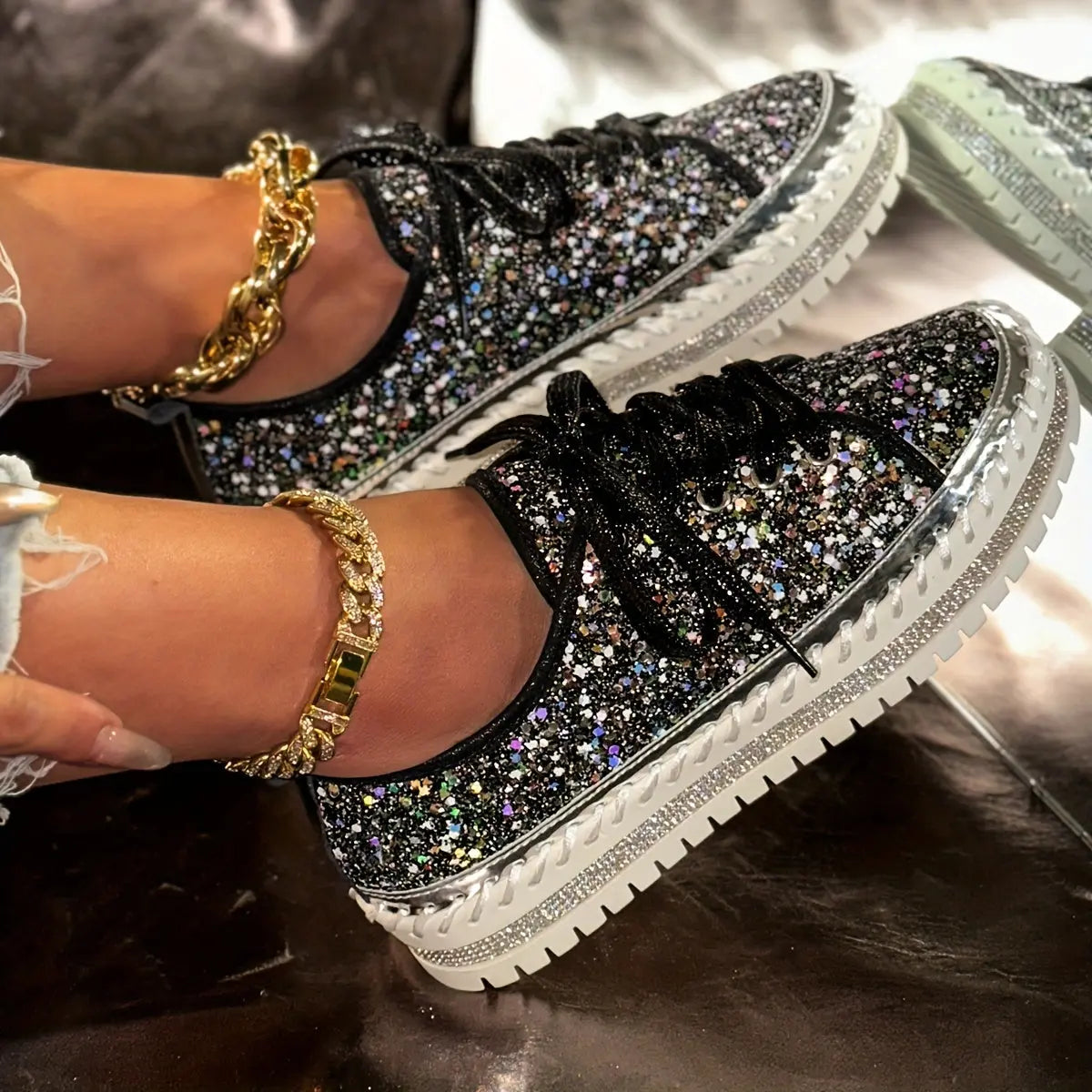 Rhinestone Glitter Low-Top Sneakers Toshe Women's Fashions