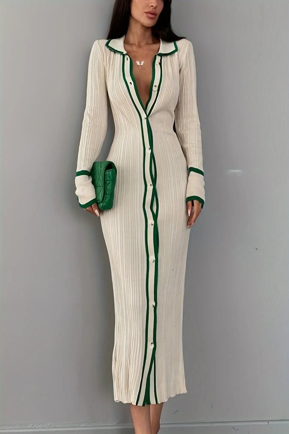 Stylish Contrast Trim Button Front Cardigan - Elegant Long Sleeve, Slim-Fit, Collar Detail, Versatile Dress Toshe Womens Fashion