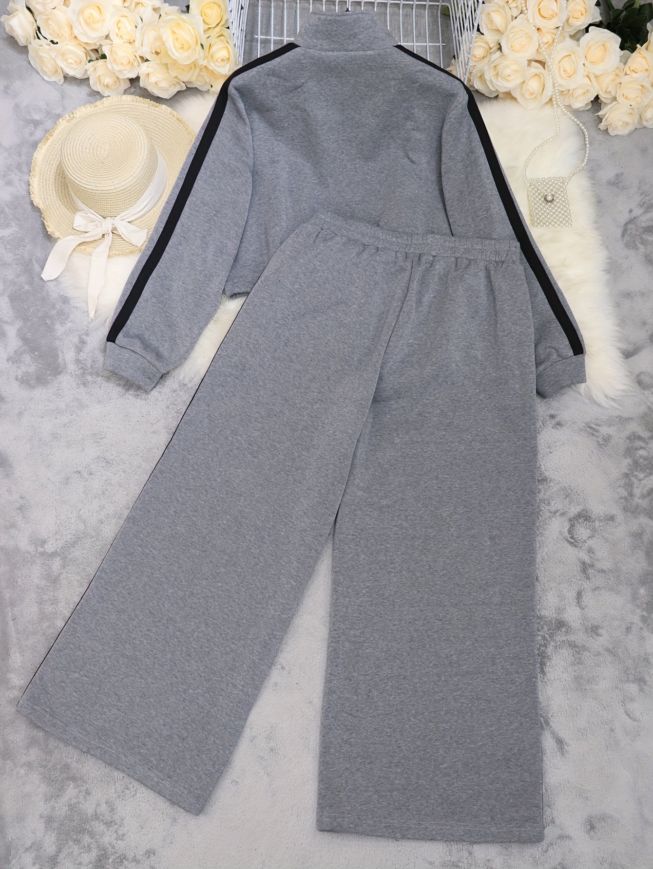 Striped Grey High Neck Zipper Front Top and Pants Set