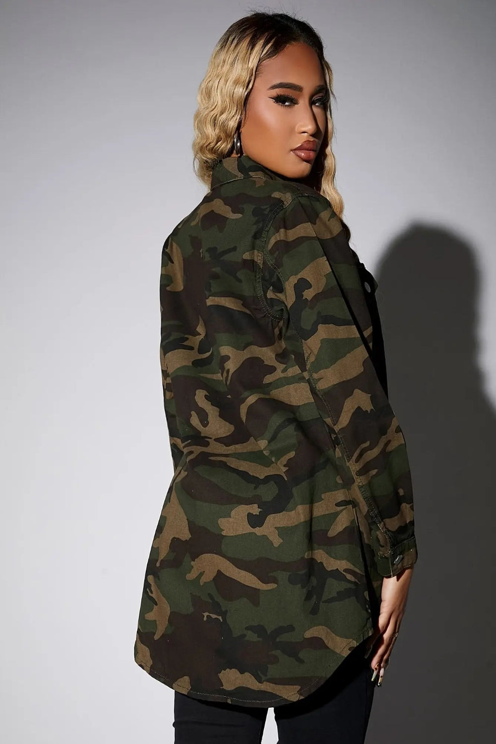 Plus Size Elegant Camo Coat for Women - Polyester 100%, Long Sleeve Lapel Collar, Midi Length with Button Details, Raglan Sleeves, Slight Stretch Fabric, Color Block, Oversized Fit, All-Season Woven Jacket Toshe Women's Fashions