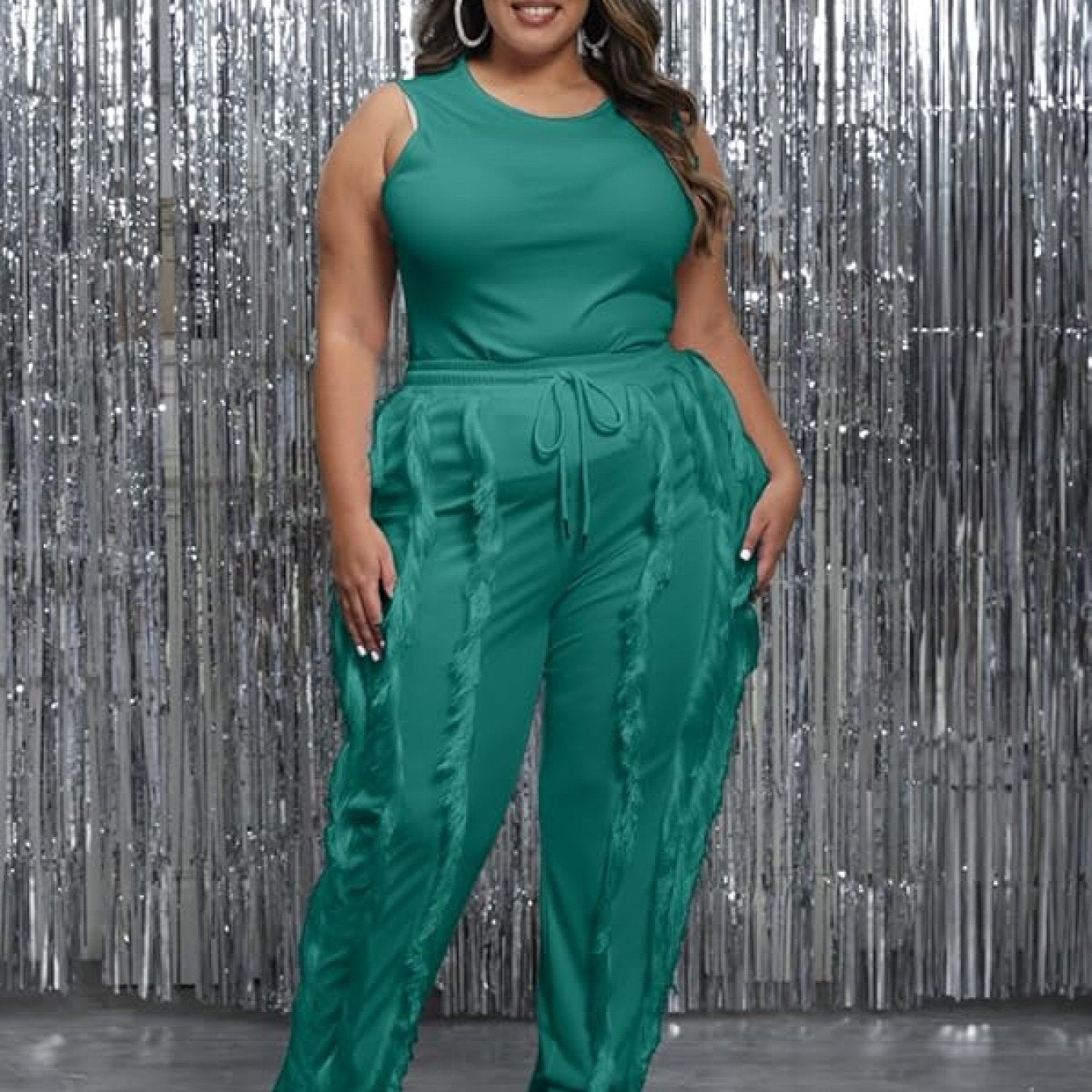 Sleeveless Tank Top with Drawstring Fringe Pant Set