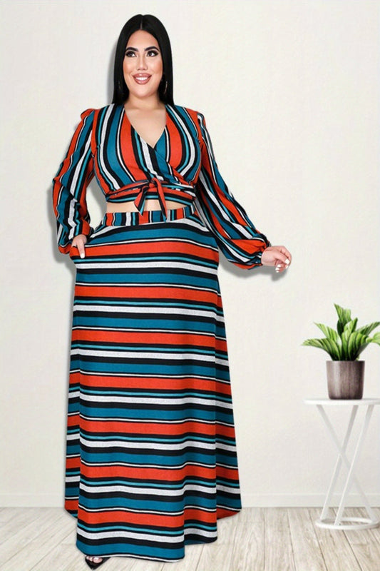 Striped Horizontal and Vertical Crop Top & Asymmetrical Hem Skirt Set