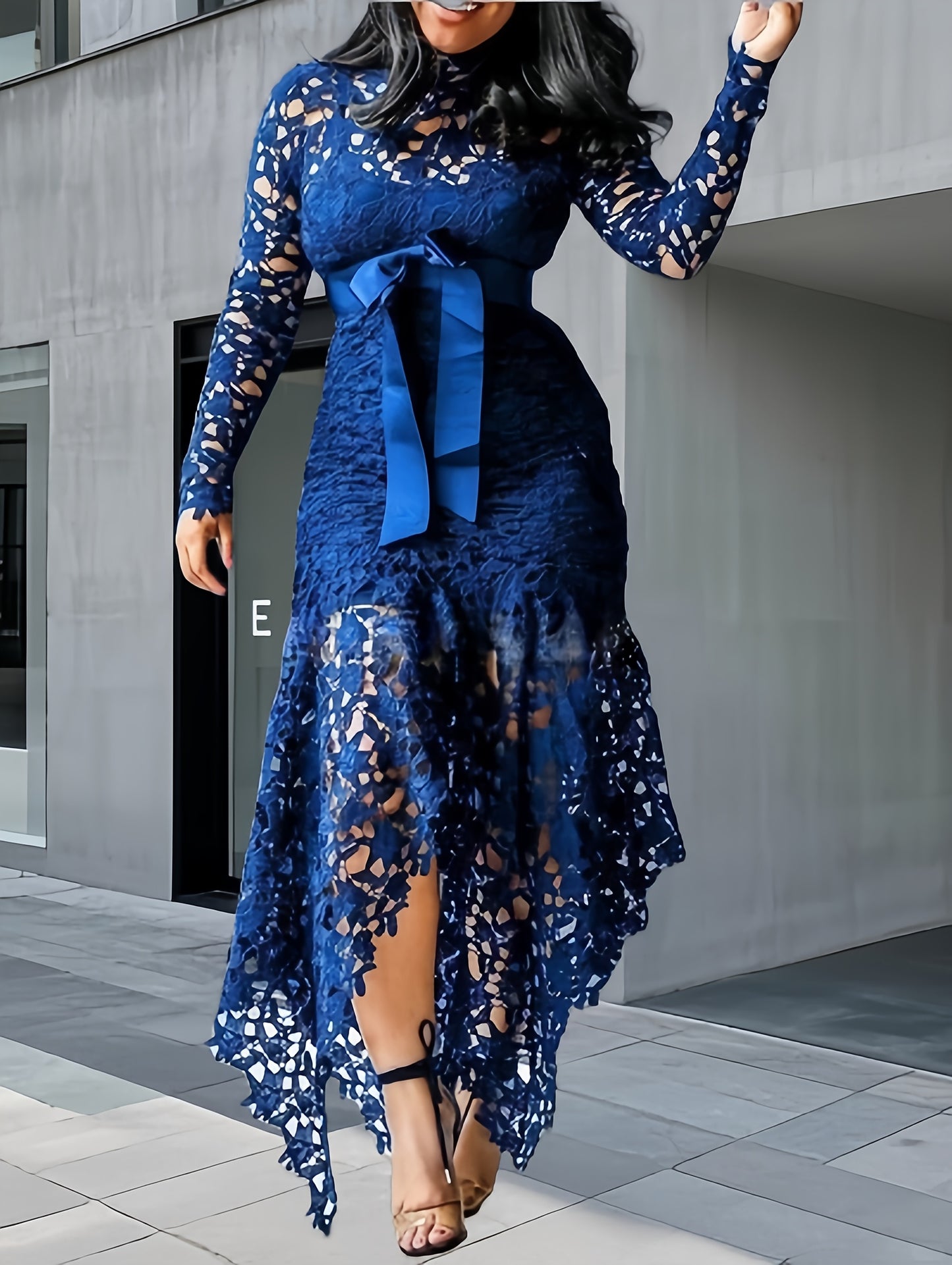 Lace Embroidered Belted Midi Dress – Asymmetrical Hem & Romantic Detailing