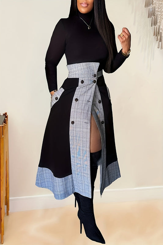 Mock Neck Long Sleeve Top & Plaid Skirt Set – Chic Two-Piece Outfit