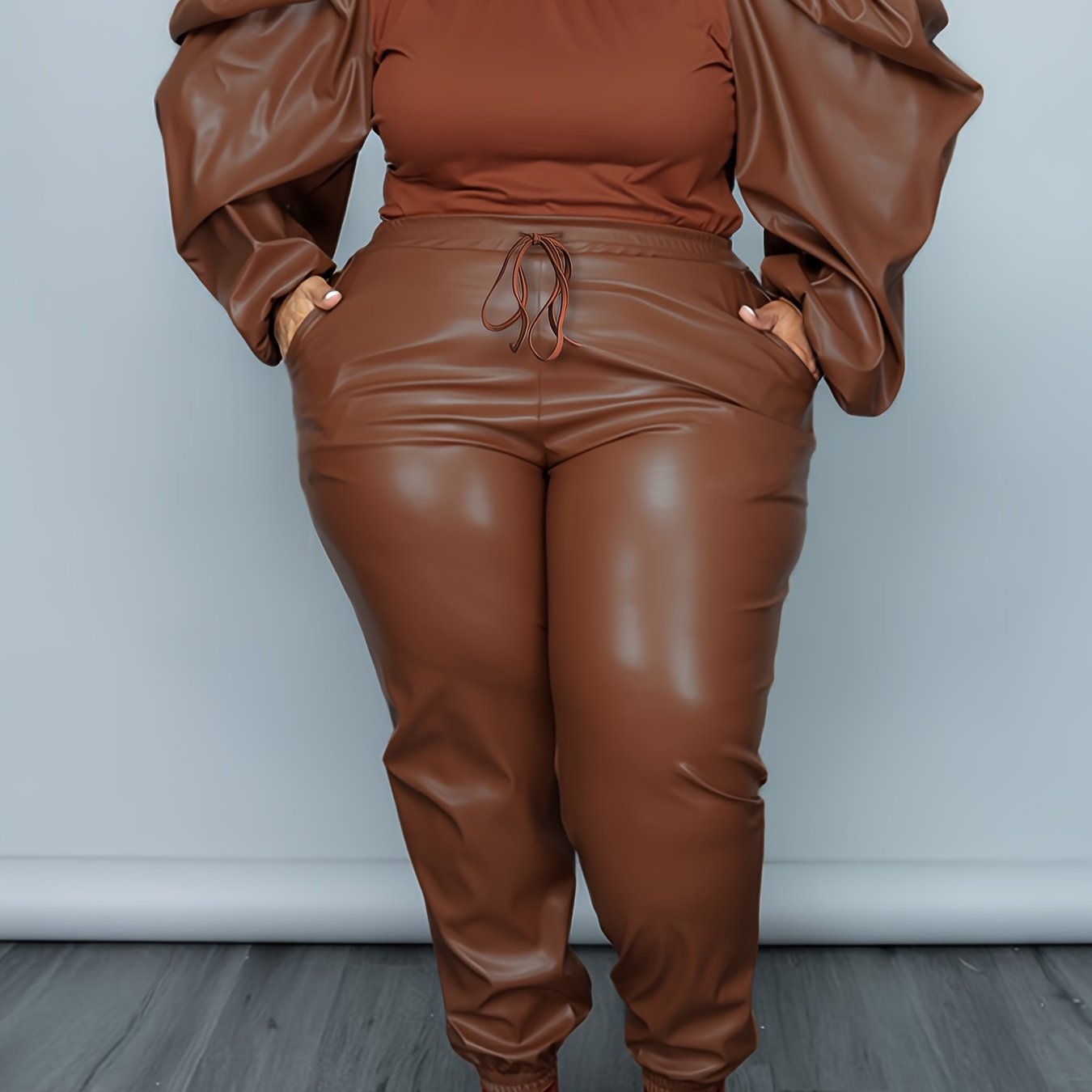 Faux Leather Knit Top & Drawstring Pants Set – Chic Two-Piece Co-ord Outfit