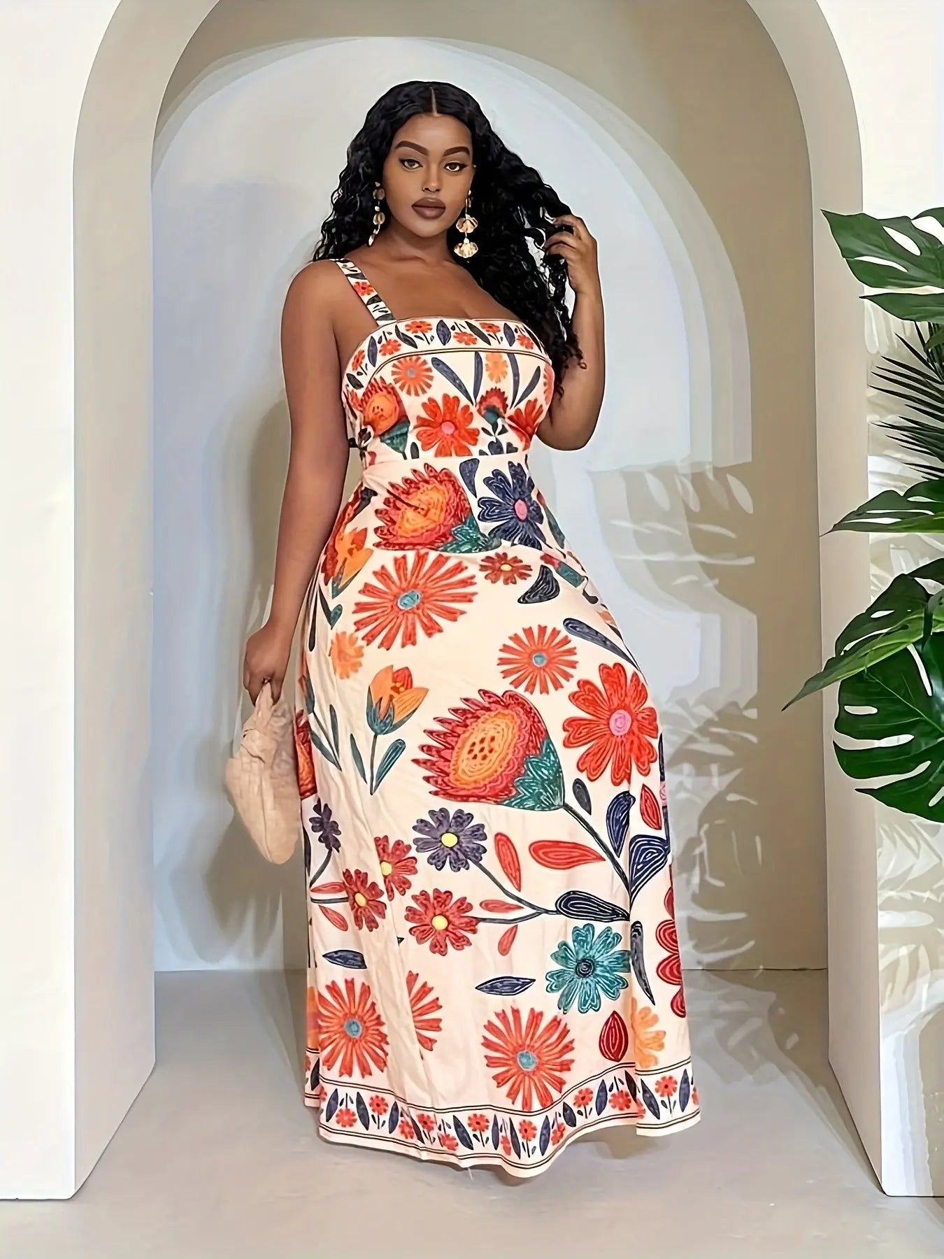 Cinched A-Line Dress with Vibrant Floral Print, Casual Vacation Style, Foral Print Dress Toshe Womens Fashions