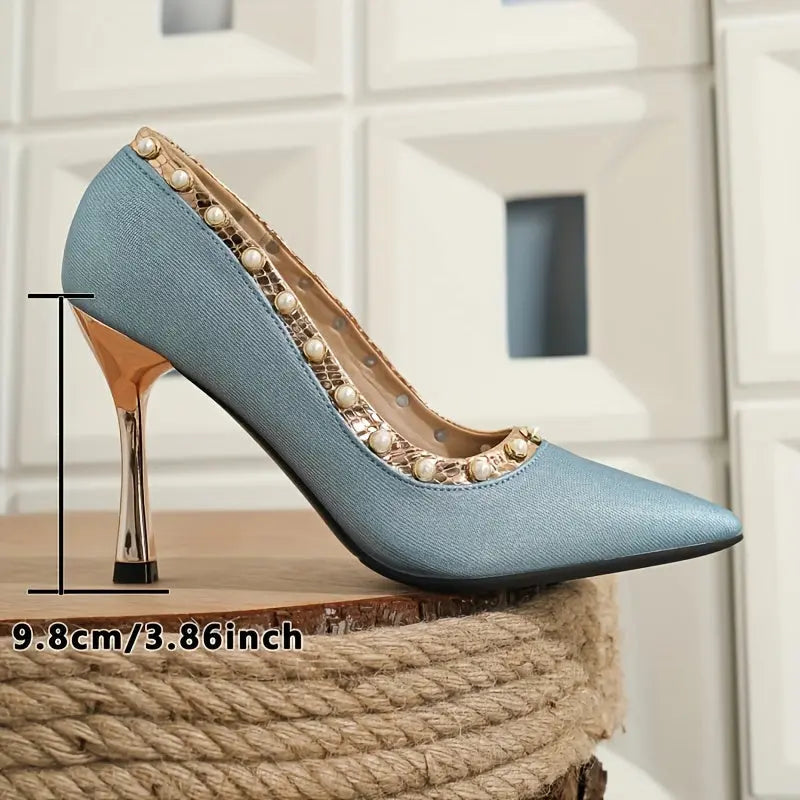 Peacock Blue Pearl Studded Heels Toshe Women's Fashions