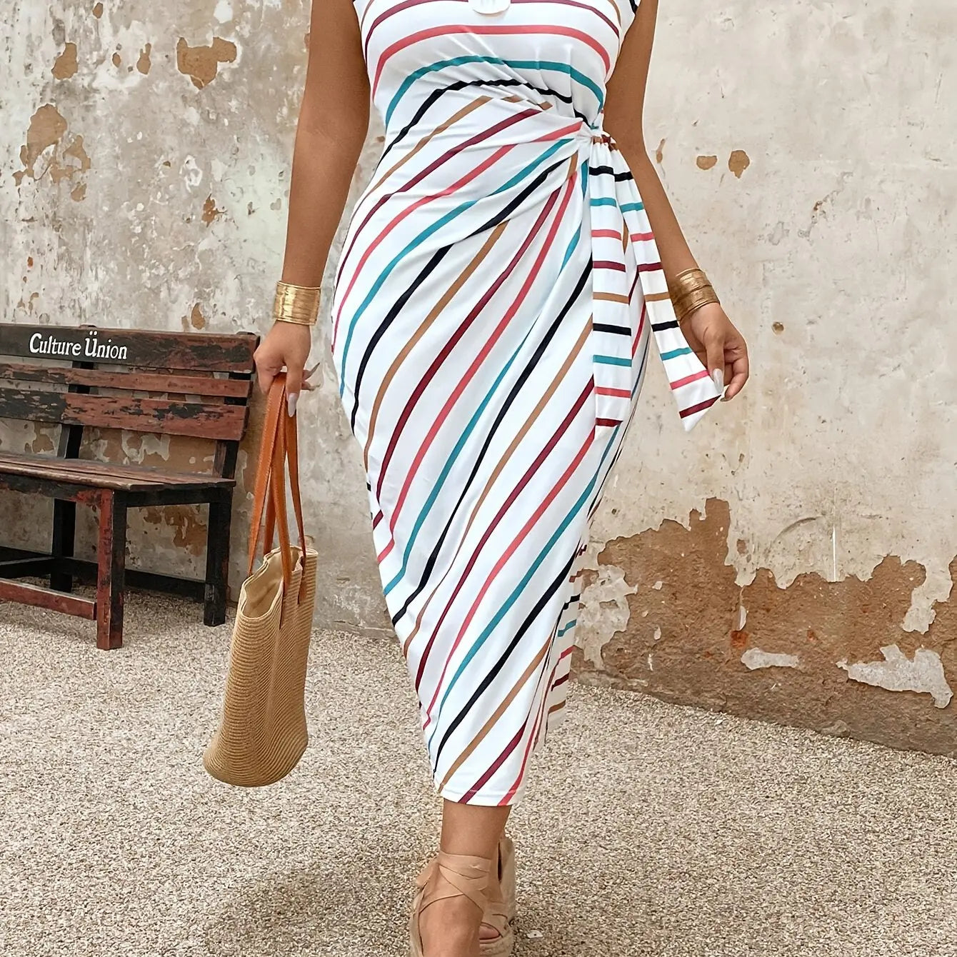 Striped Wrap Dress - Sleeveless, Short Sleeve, Round Neck, Polyester Blend, Midi Length, Toshe Womens Fashions