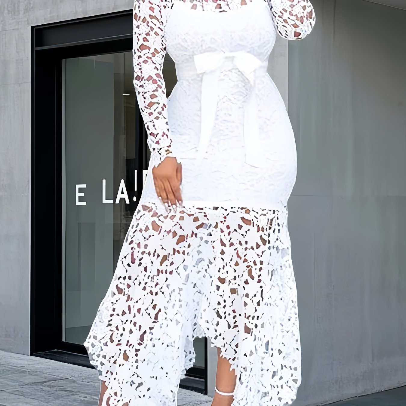 Lace Embroidered Belted Midi Dress – Asymmetrical Hem & Romantic Detailing