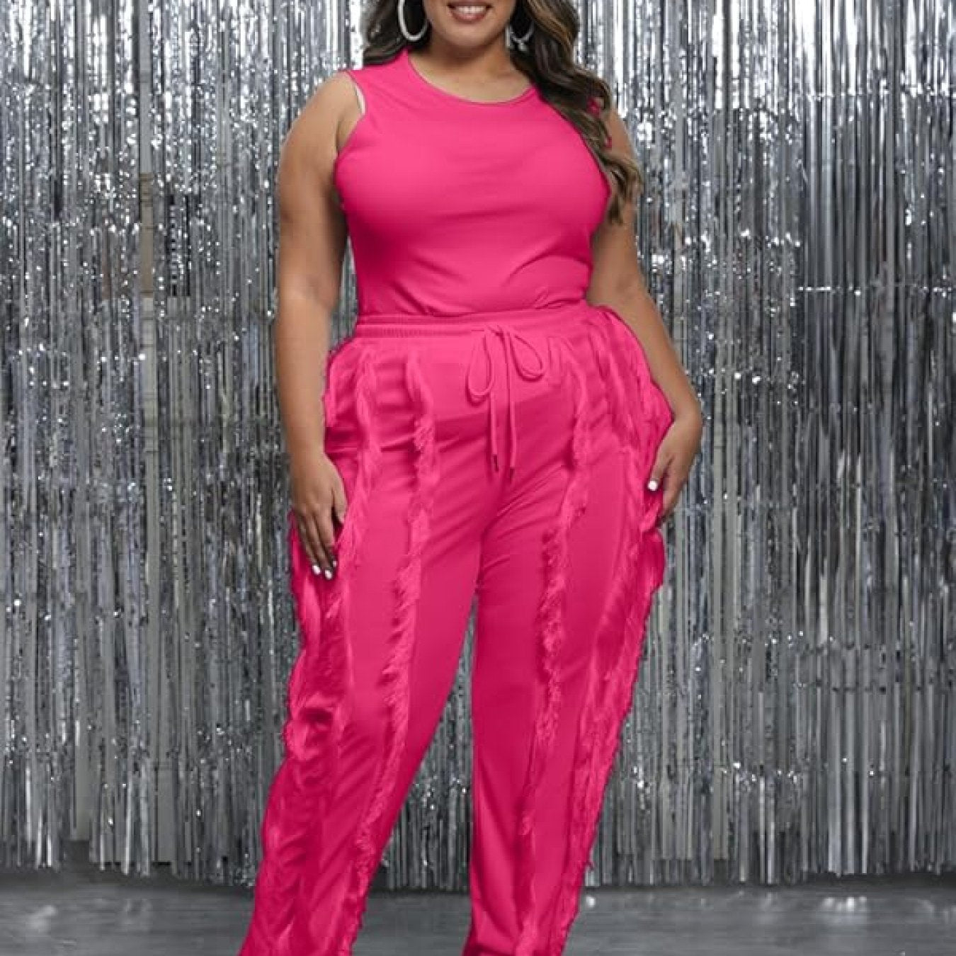 Sleeveless Tank Top with Drawstring Fringe Pant Set